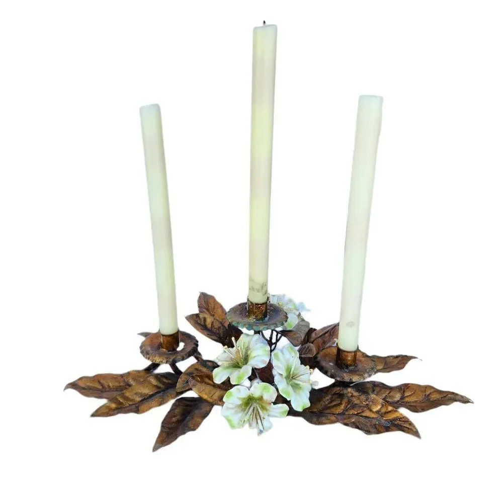 Vintage mid Century golden Bronze leaf candle sconce tri holder ivory flowers